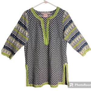 Gretchen Scott Blue White Green Tunic Top Split Neck Beaded  Size M Medium